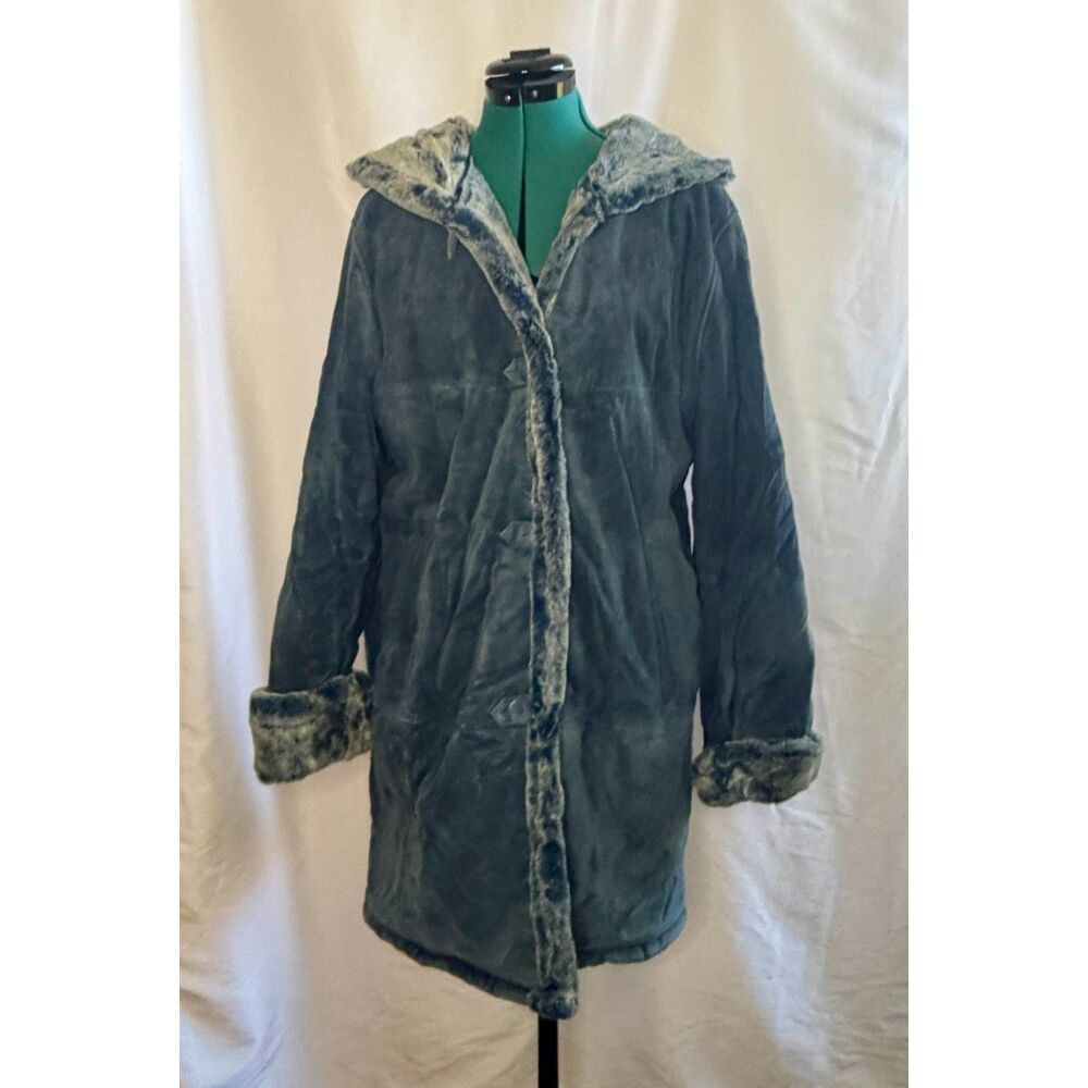 New Vintage Dennis Basso blue faux fur hooded genuine leather coat